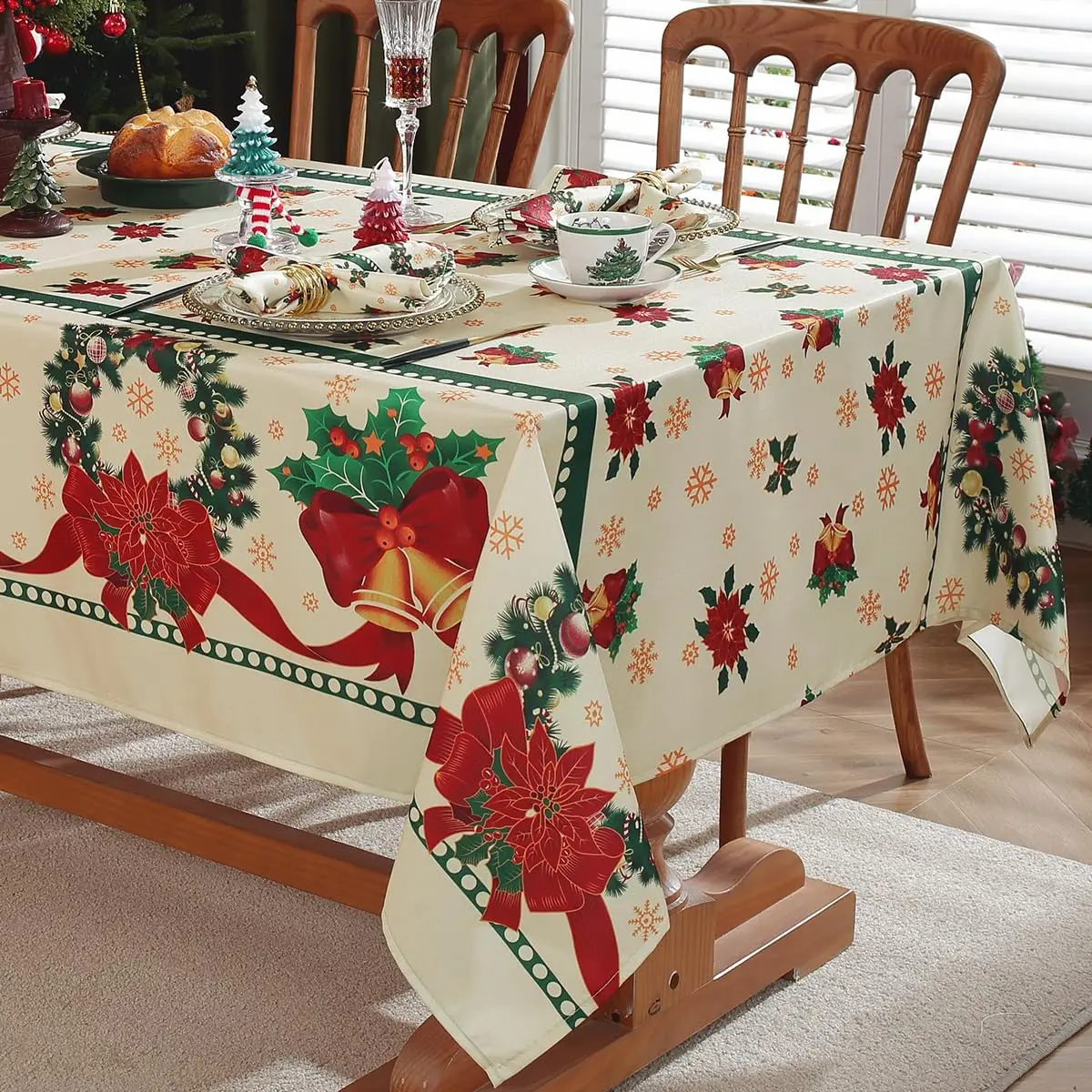 Christmas Poinsettia Holly Berries Tablecloths for Table Decor Winter Holiday Kitchen Dining Table Cloth Christmas Decorations