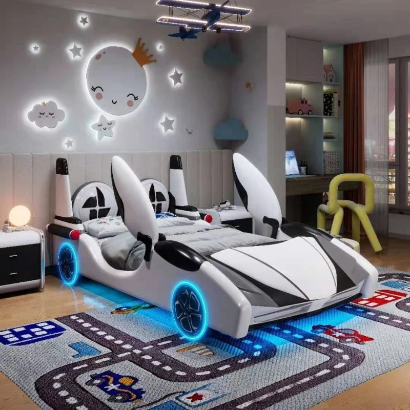 Internet celebrity bedroom with guardrail student sports car bed cartoon single storage solid wood bed 3