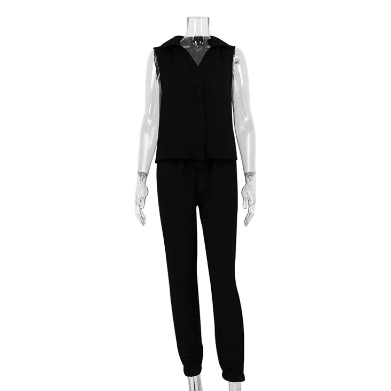 Abbigliamento donna 2024inizio primavera nuovi prodotti Casual tinta unita camicia senza maniche pantaloni a vita alta vestito donna moda due torte