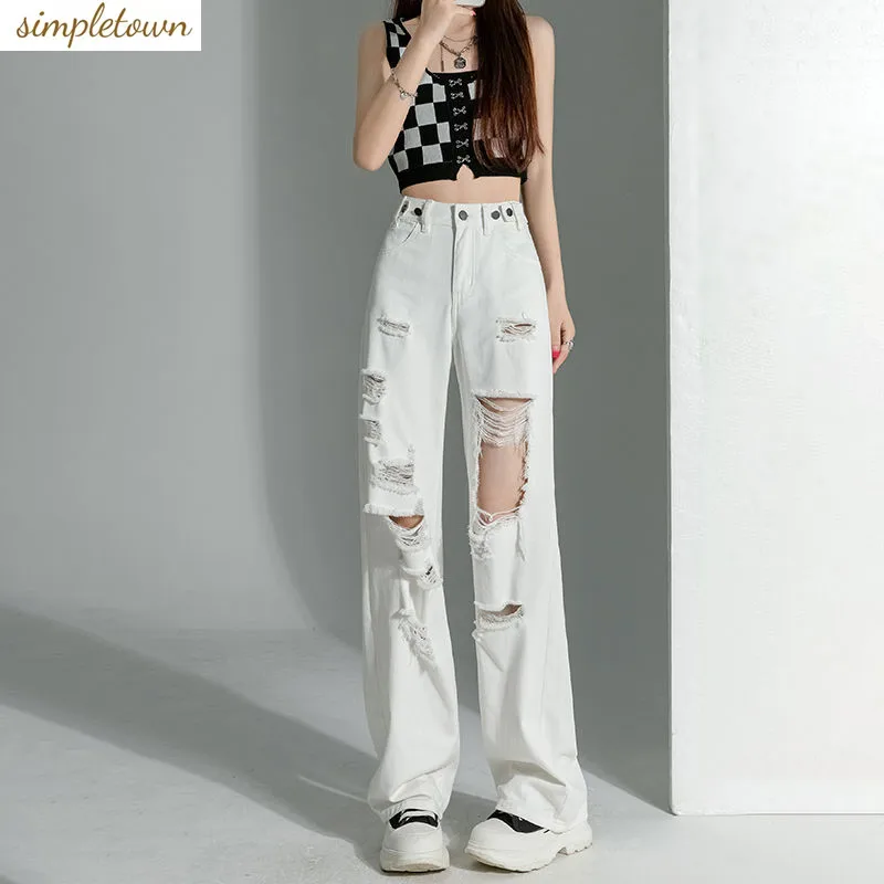 

White Distressed Jeans for Women's Summer Slim 2024 New High Waisted Straight Leg Drape Wide Leg Pants Instagram Trend