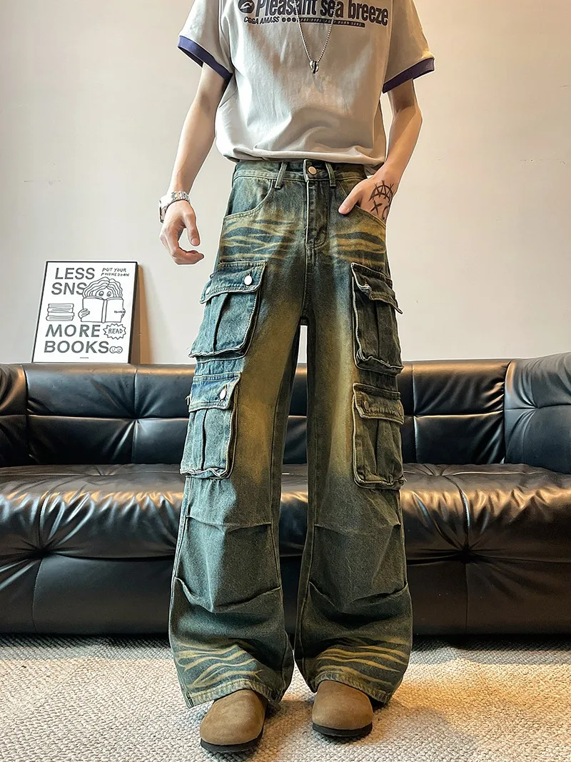 

Мужские джинсовые джинсы с несколькими кетами, прямые брюки с широкими штанинами, винтажная рабочая одежда в американском стиле, повседневные брюки на осень