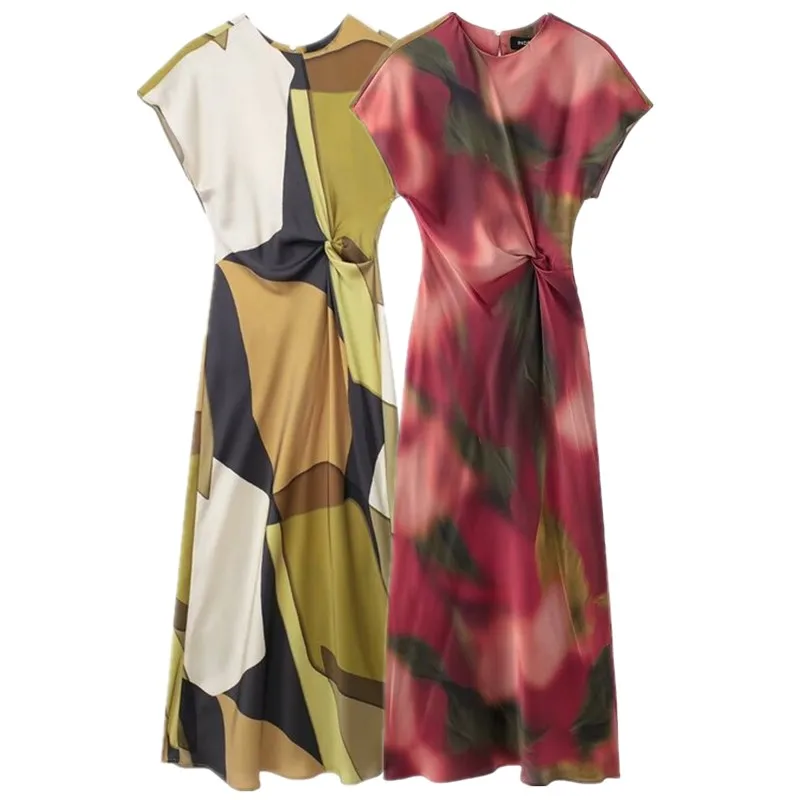 فستان صيفي 2024 أنيق بقصة ضيقة وأكمام قصيرة من الحرير الساتان المطبوع بطول متوسط، تصميم عصري لموسم الربيع بدون أكمام وياقة مس...