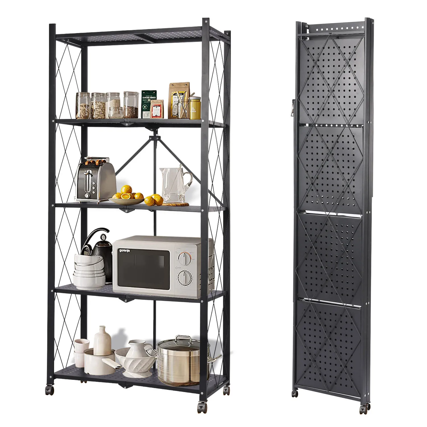 

5-Tier Collapsible Organization Storage Rack Bookshelf Folding Pantry Shelves,Folable Multifunctional Storage Shelves