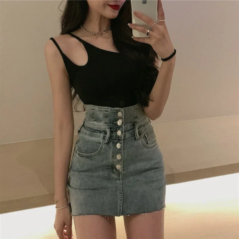 Vintage High Waist Denim Skirt for Women Simple Trendy Streetwear All Match Casual Faldas Mujer Korean Style Chic Summer Jupe