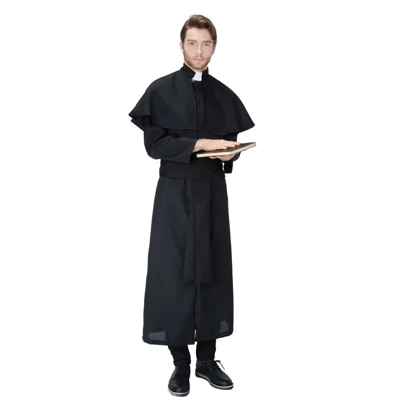 Sacerdote cosplay homem traje de halloween pregador robe carnaval festival terno páscoa preto fantasia adulto jesus cristo manwear