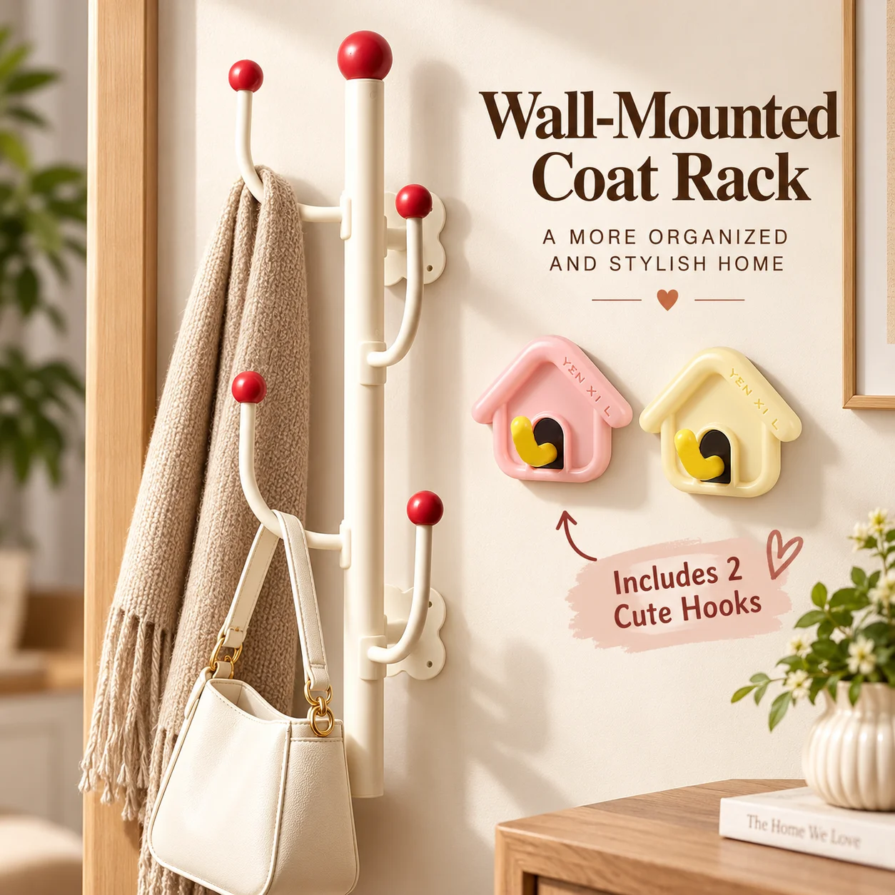 Wall Mounted Coat Rack No Drill Adhesive Coat Hanger, Cute Multi Hooks for Clothes Bag, with 2Pcs Small House Shape Decor Hooks