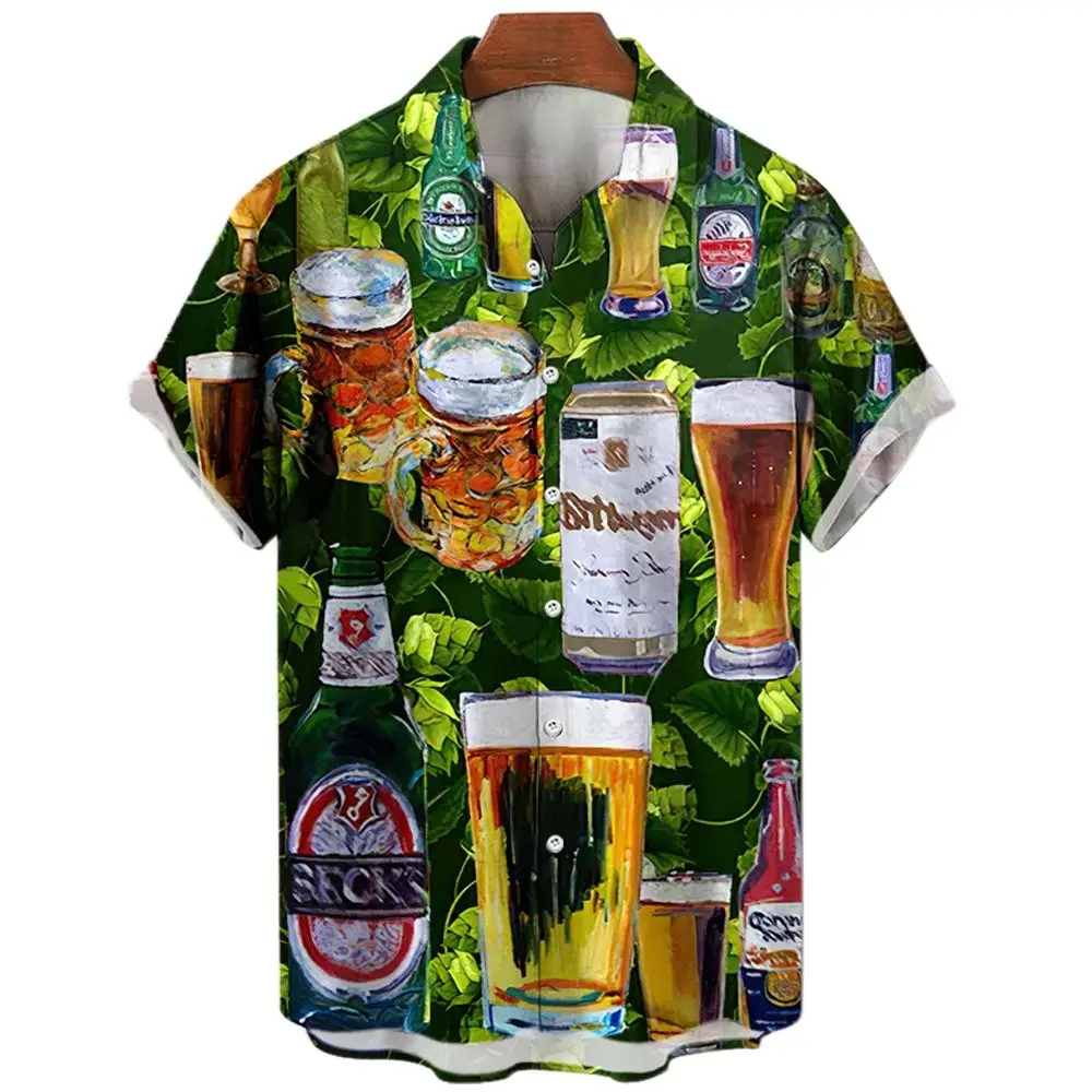 Hawaiian Beach Harajuku Shirts For Men 3D Print Beer Short Sleeve Tees Summer Vacation Style Single-Breasted Tops Lapel