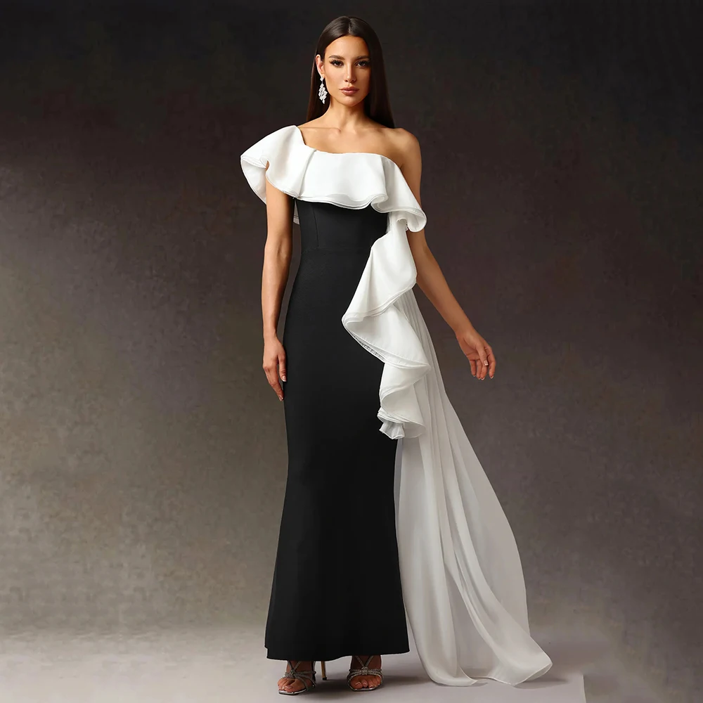 

Customized One-Shoulder Contrast Color Jersey Evening Dress Sleeveless With Train Party Dress Mermaid Ankle Length Prom Gown