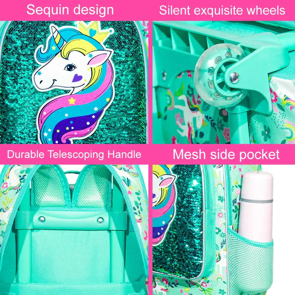 3PCS Rolling Backpack for Girls Kids Roller Wheels Bookbag with Lunch Bag Green Unicorn Glow-in-the-dark Function