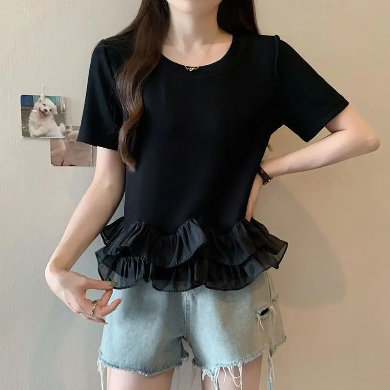 

Large Hemp Splicing Short Sleeve T-shirt Summer New Loose Concealed Fleece Look Thin and Fat Top for Women