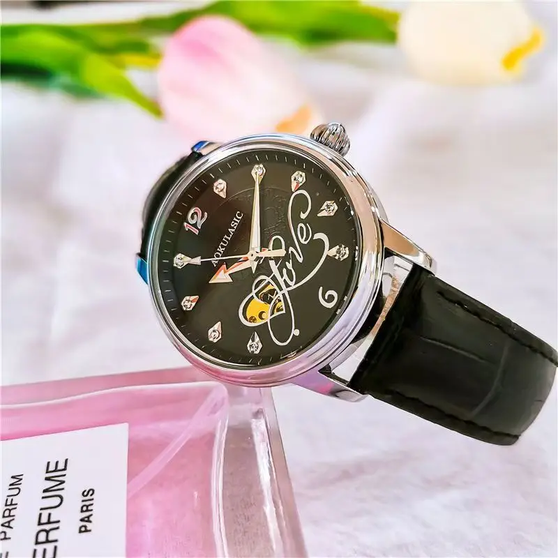 ساعة ميكانيكية أصلية أوتوماتيكية بالكامل للنساء، ساعة مضيئة مقاومة للماء، أنثوية، راقية، ساعة بسيطة على الطراز الكوري الجديد، أفضل هدية لصديقتك، لا تتطلب بطارية