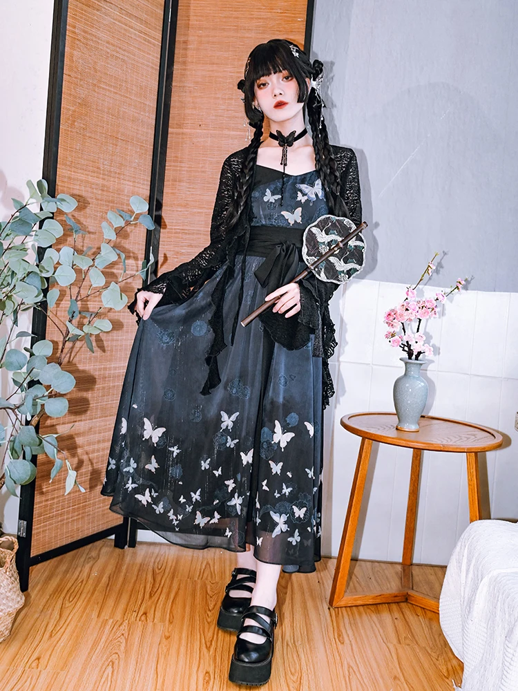 Novo estilo chinês impressão suspender saia feminina verão dupla camada chiffon vestido solto