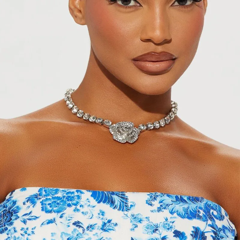 

3D Rose Flower Choker Necklace Shine Full Rhinestone Chain Women Fashion Bridal Collar Necklace Tennis Choker Wedding Jewelry
