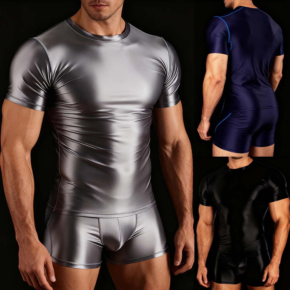 남성용 광택이 나는 부드러운 피트니스 러닝 통기성 트랙수트 스포츠 타이츠 고탄력성 빠른 건조 상의+반바지 액티브웨어 세트