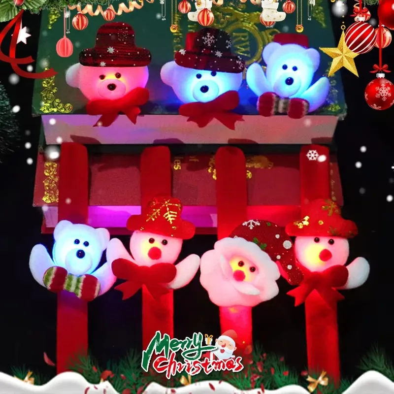 5pcs Christmas LED Slap Bracelets Flannel Wristband Holiday Accessories Snowman Santa Tree Reindeer Slap Bands Christmas Gifts