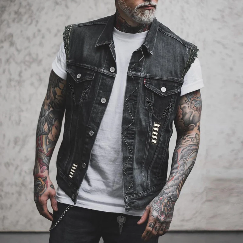 

Trendy Ripped Denim Vest Jacket Men Spring Fashion Lapel Button-up Jean Waistcoats Mens Vintage Patch Pockets Design Cargo Vest