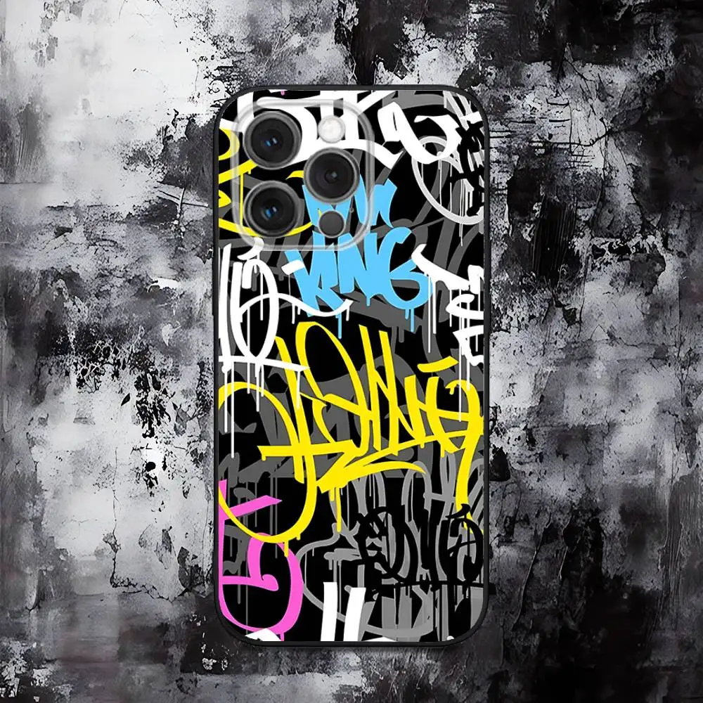 Cool Kleurrijke Graffiti Telefoonhoesje Voor iPhone 16,15,14,13,12,11,Pro,Max,Plus,X,XS,SE,E,Mini,Zachte Siliconen Zwart Case