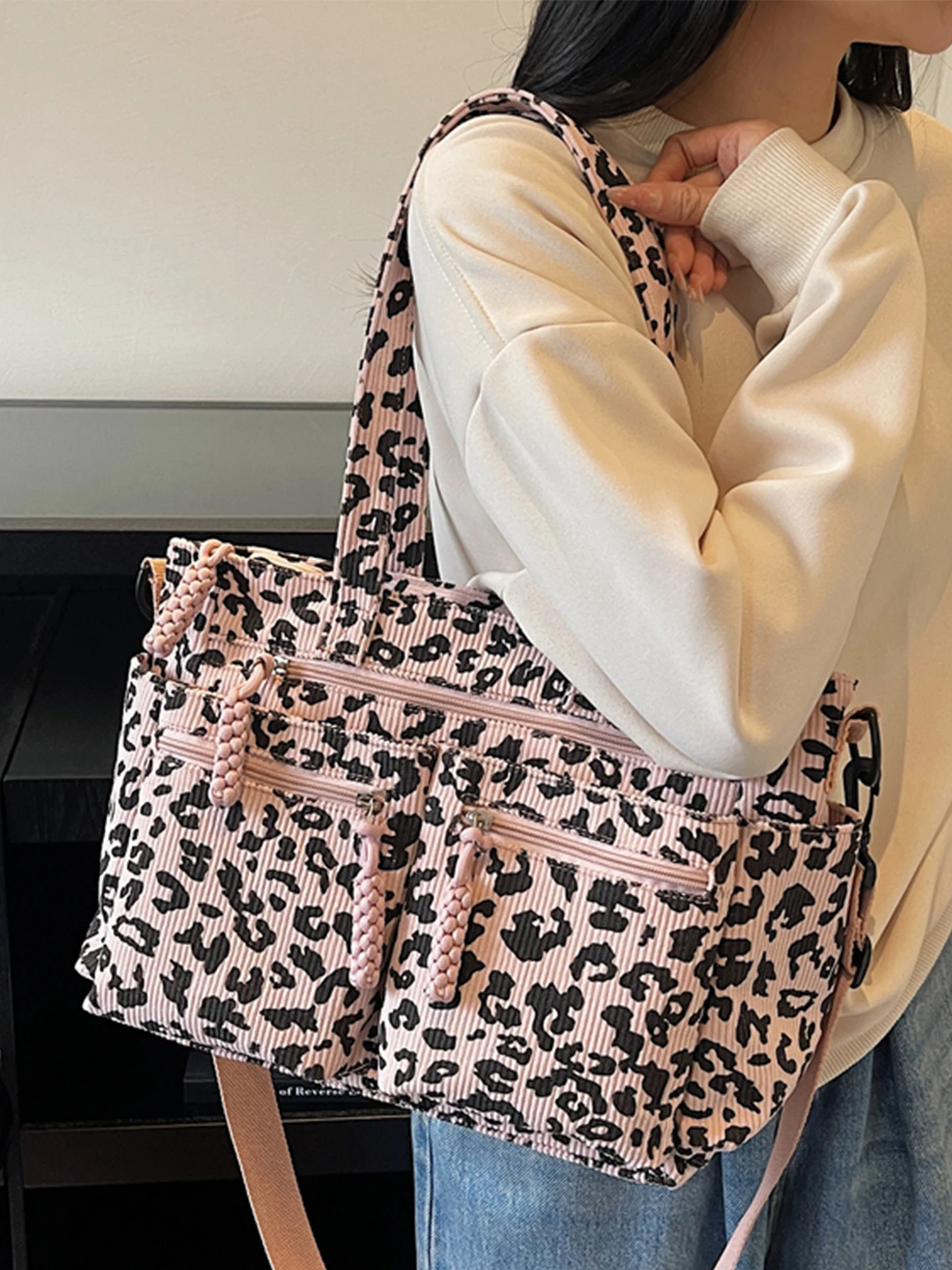 High-grade Corduroy Leopard Bags for Women New Rectangle Vintage Versatile Handbags Multi-pockets Temperament Shoulder Bag