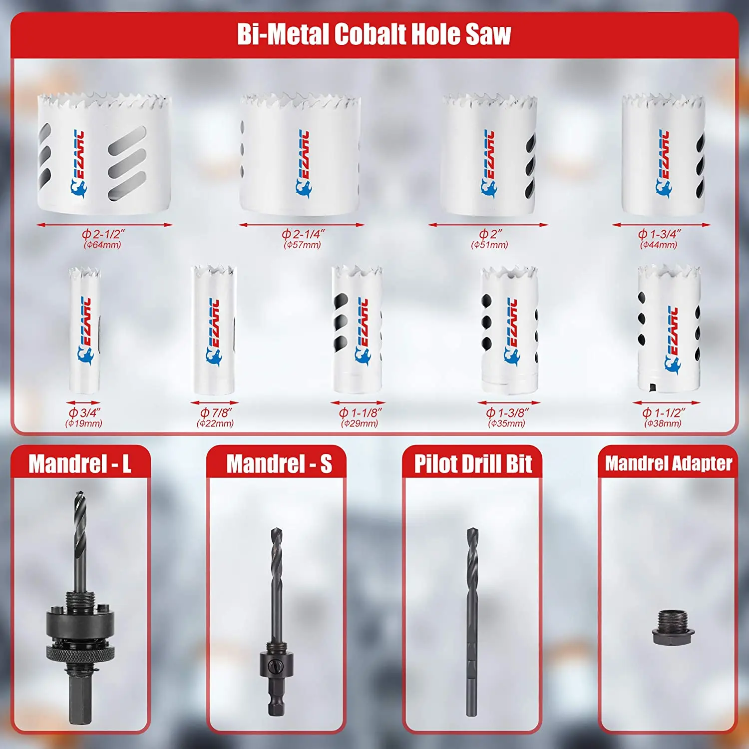 EZARC Bi-Metal Hole Saw Kit,13pcs Hole Saw Cobalt Drill Hole Cutter Set with Mandrels for Soft Metal Sheet,Wood,Drywall,Aluminum