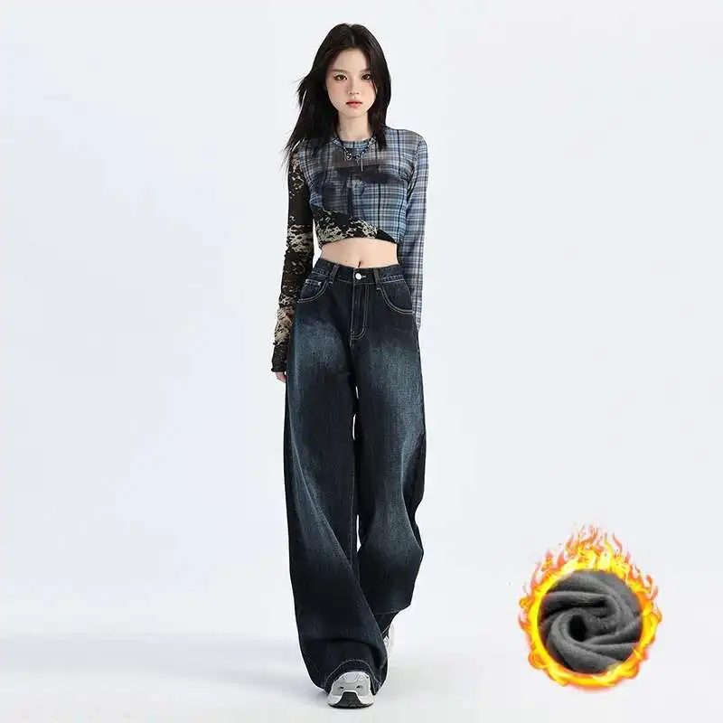 

Winter American Retro Wide-Leg Straight Jeans For Women, Lazy Loose Floor-Length Pants,