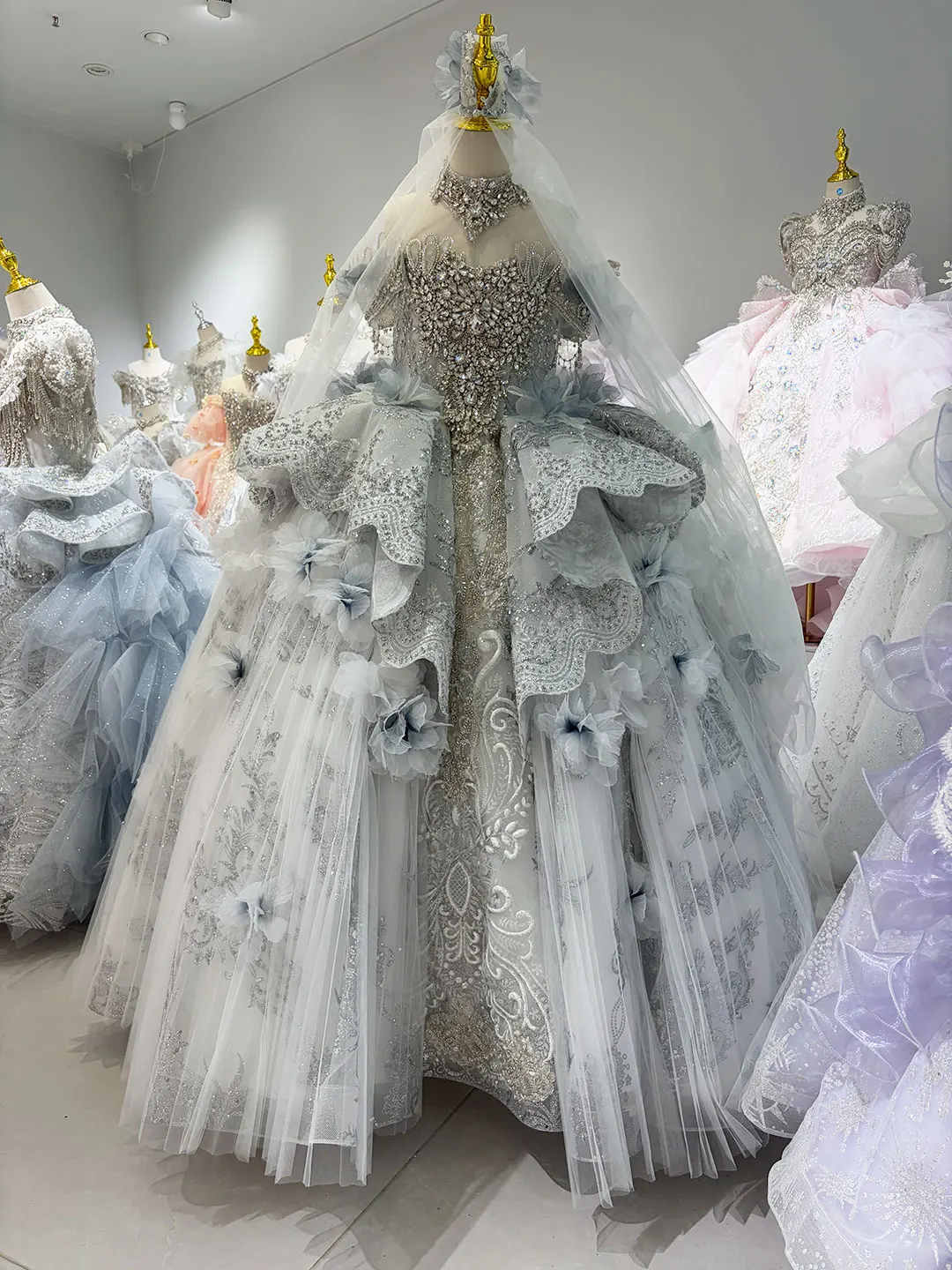 Jill Wish W105 Ice Queen — Dusty Blue Crystal Embroidered Princess Ball Gown for Quinceañera & Prom