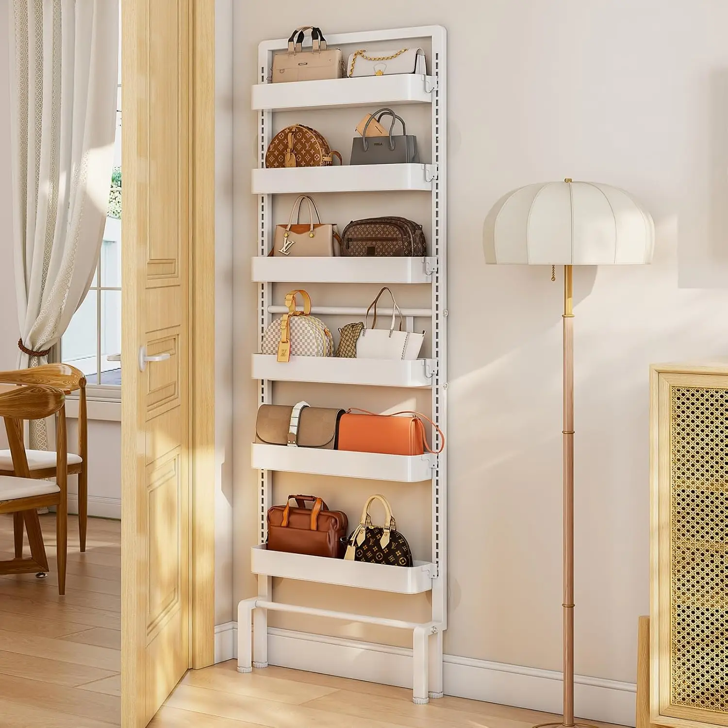 

Behind Door Storage Organizer Rack, 6 Tier Adjustable Hanging Baskets Free Standing Thin Metal Space Savers Room Storage