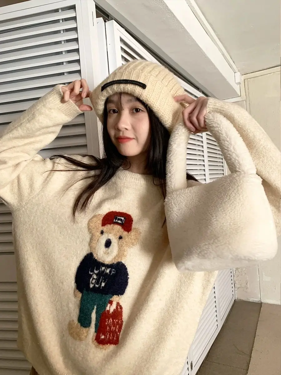 Cute Bear Embroidery Autumn Winter Sweater Women Loose Round Collar Kawaii Knit Top Harajuku Long Sleeve Sueter Mujer Pullover