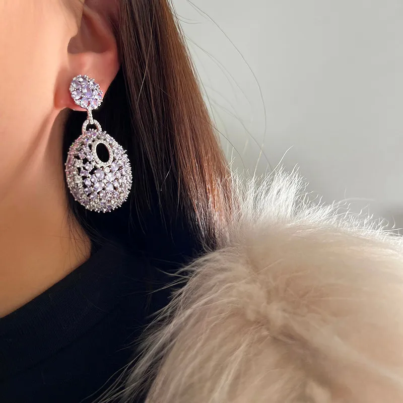 Round Purple Zircon Fashion Temperament Luxury Earrings