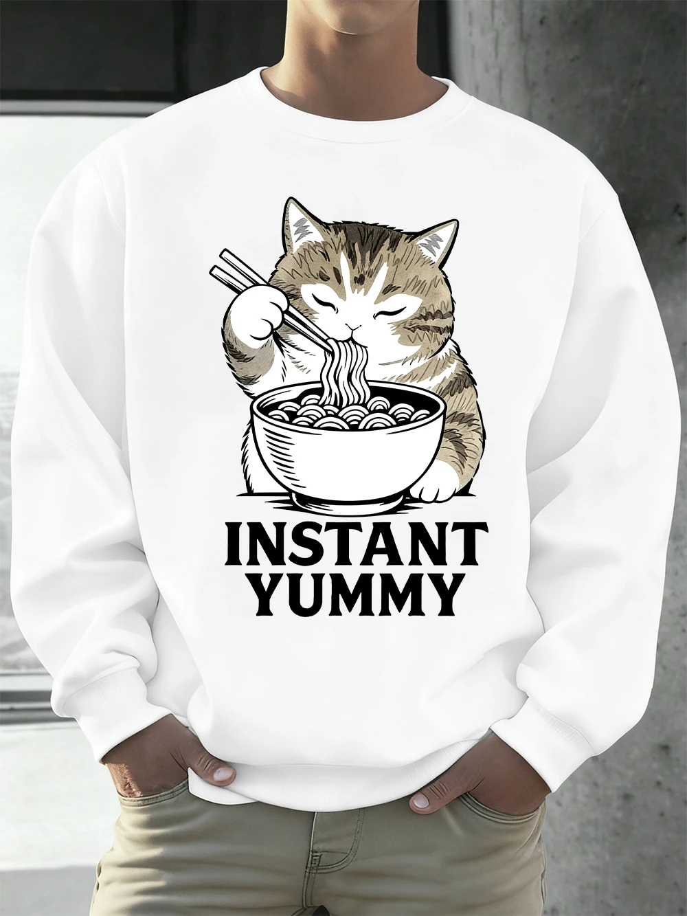 Sudadera con capucha para hombre Cat Eat Noodles Instant Yummy Prints, sudadera básica de cuello redondo para otoño, forro polar cálido y holgado, ropa coreana para hombre