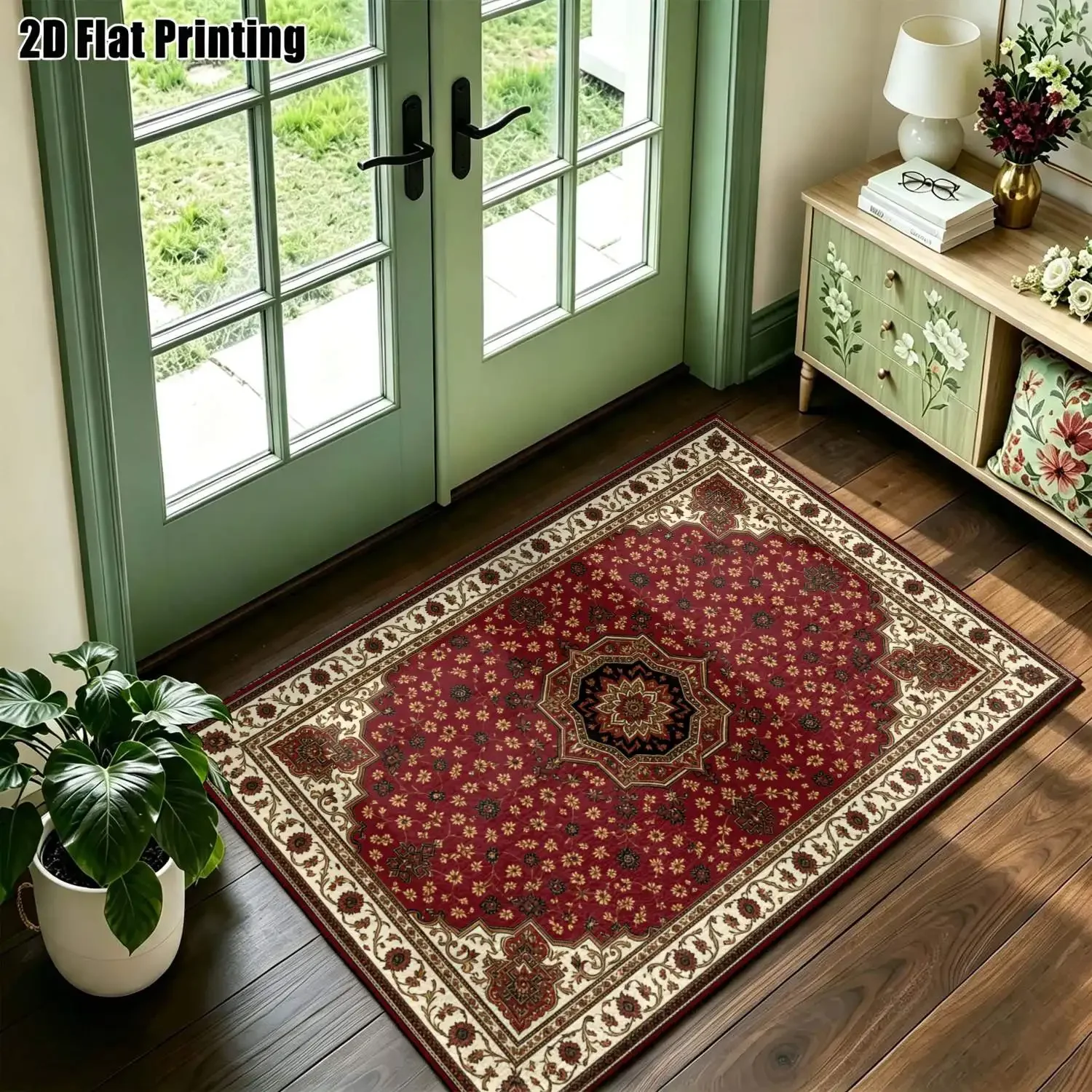 1Pc 2D Printed Carpet: Burgundy Retro Floral Pattern, European Vintage Style, Machine Washable, Multi-Size for Home Decor, Multi