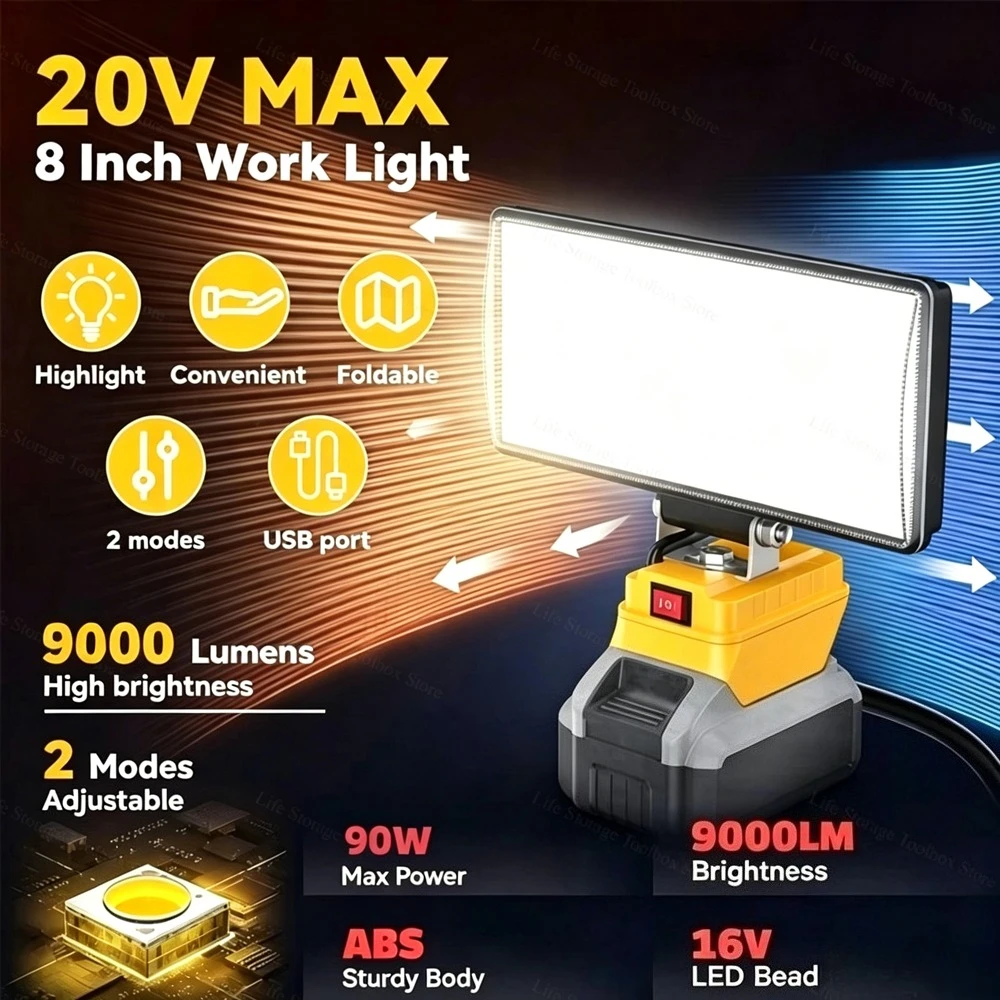 Cordless LED Work Light for DeWalt 20V Battery, 90W 9000LM Jobsite Flood Lights, Portable Outdoor Flashlight Dual USB Charging