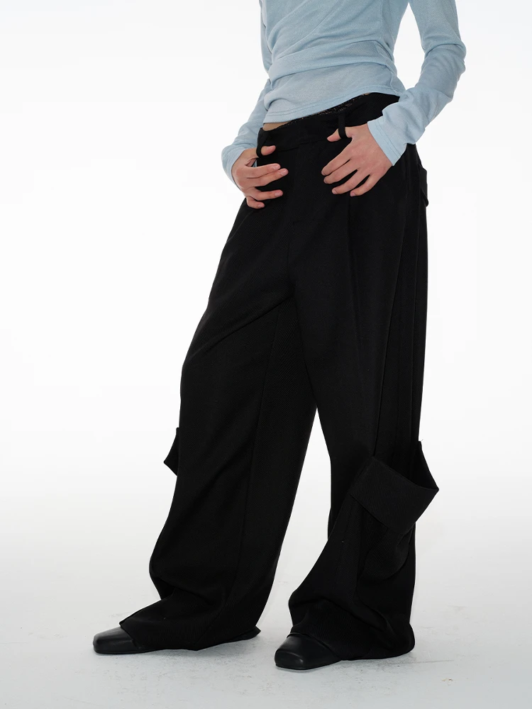 

JCAESAR Pleated Pants Straight Leg Micro Flared Trousers with Double kets Casual Polyester Fiber l Waist Zipper