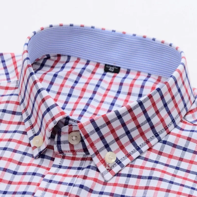 Summer 100% Cotton Oxford Shirt Mens Short Sleeve Pocket Soft Comfortable Regular Fit Business Casual Purple Dress Shirts Men