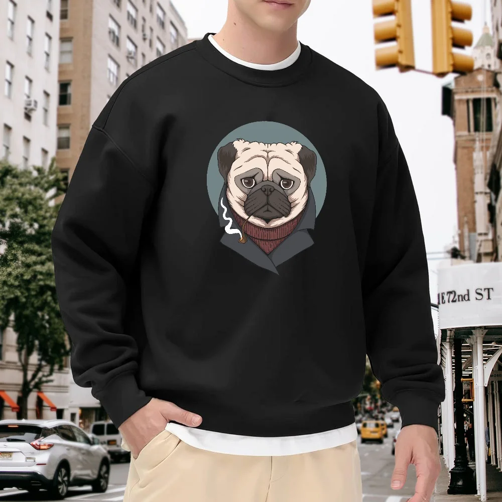 

Men's Black Crew Neck Loose Sweatshirt with Fun Pug Dog Print, Casual Top for Everyday Street Fashion, Comfortable, Soft, and Versatile Item