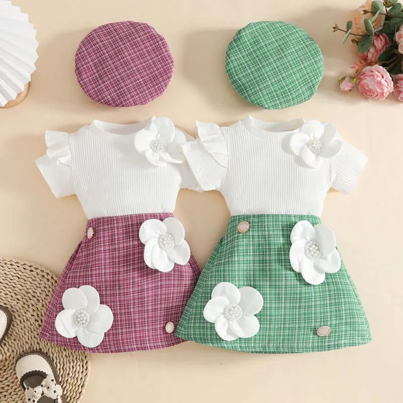 1–3 Years Fashion Baby Girl Clothing 3Piece Outfits Summer Short-sleeve T-shirt Tops+Skirts+Hats Toddler Girl Sets