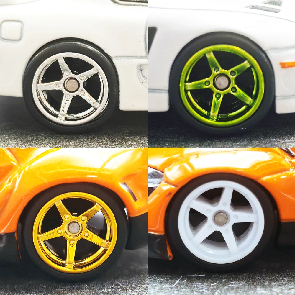 عجلات مع بقع قابلة للفصل ، إطارات مطاطية ، تكلم خماسي ، سيارات دييكاست ، أجزاء إعادة توجيه للعجلات الساخنة (5 سيارات) ، 1:64