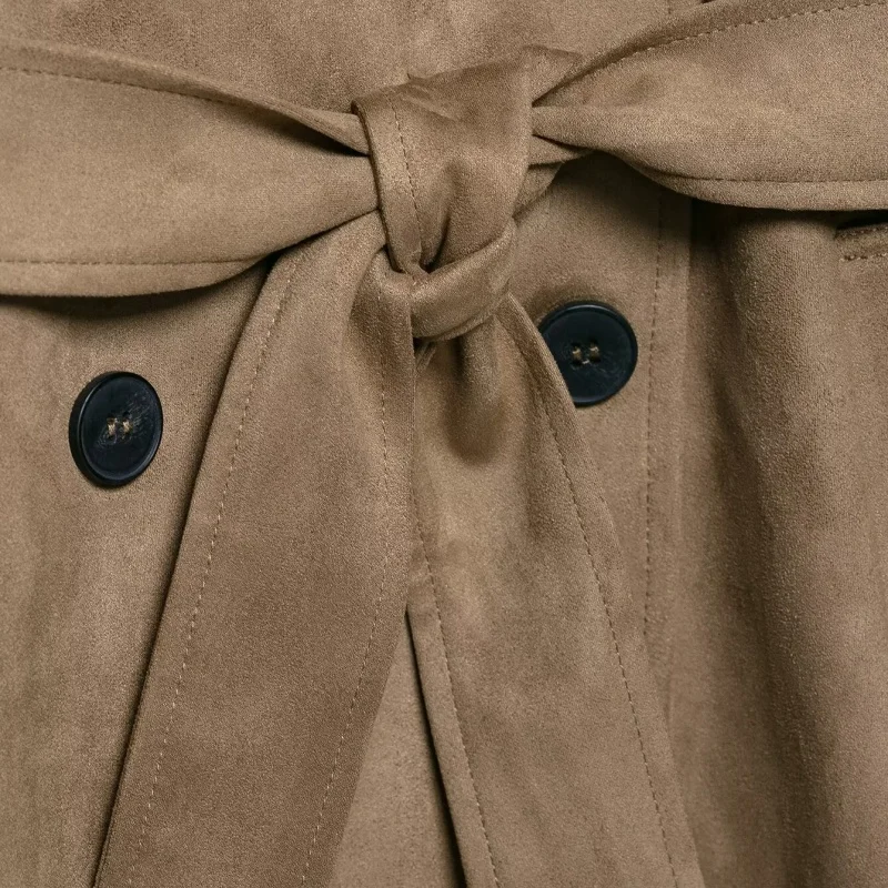 KEYANKETIAN Autumn And Winter New Women's Windproof Lapel Double Row Buckle Lace up Suede Windbreaker Women Leather Jacket Long