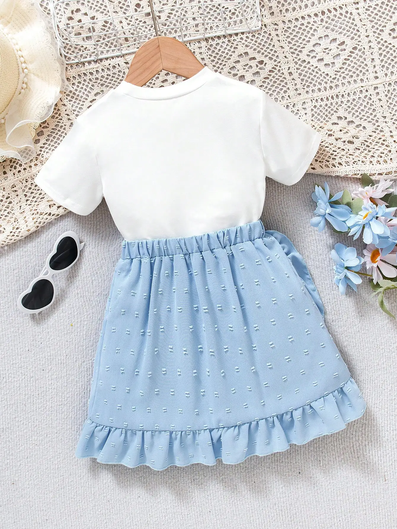 Комплект из футболки с синим бантом и многоярусной юбки для девочек |   Сладкий наряд в стиле преппи для детей 4–7 лет, школа/вечеринки (S/S)
