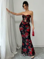 Conjunto con estampado de rosas para mujer, top halter sexy, falda de cola larga, conjunto ajustado, moderno y elegante