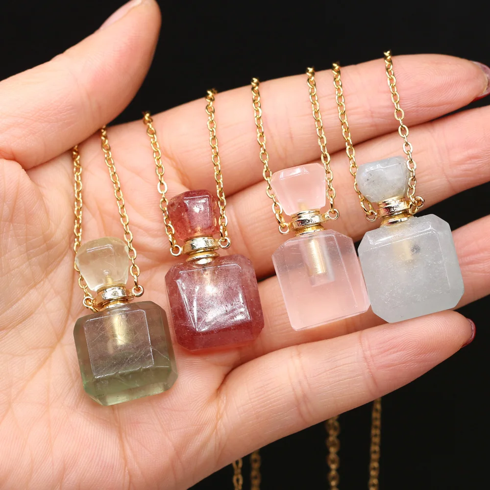 Natural Gem Fluorite Stone Perfume Bottle Pendant Essential Oil Diffuser Pendant Necklace for DIY Necklace Making  Jewelry