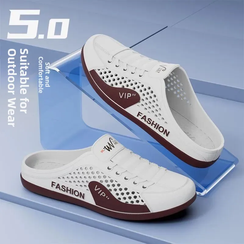 New Men's Sandals Summer Outdoor Breathable Mesh Slip-On Half Cover No Back Heel Casual Beach Slippers Comfortable PVC Sole