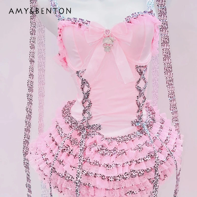 

Original Design Sweet Cool Pink Bow Lace Splicing Women's Camisole Dress 2025 Autumn New Style Girl Puffy Fairy Dresses Ladies