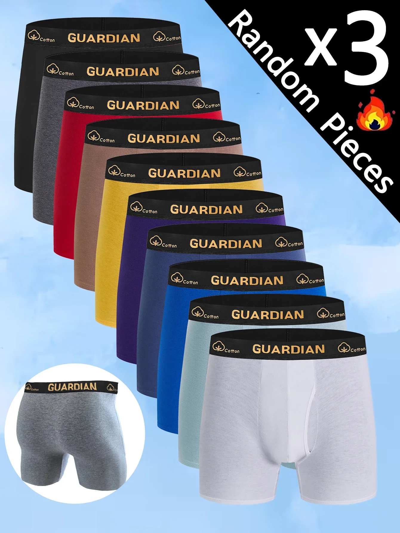 Men's GUARDIAN Cotton Boxer Briefs 3Pcs Random Colors Comfort Breathable Mid-Length Underwear for Daily Use  Mens Boxers