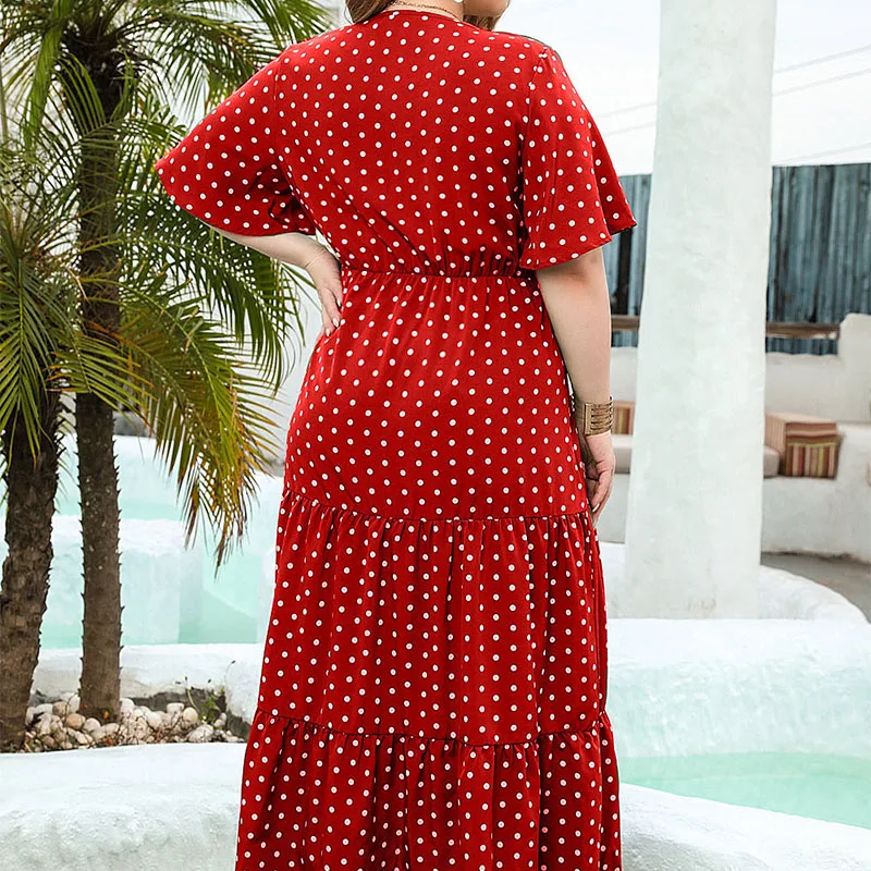 보헤미안 도트 프린트 V넥 여성 플러스 사이즈 반팔 여름 드레스 캐주얼 휴가 선드레스 큰 사이즈 우아한 맥시 드레스