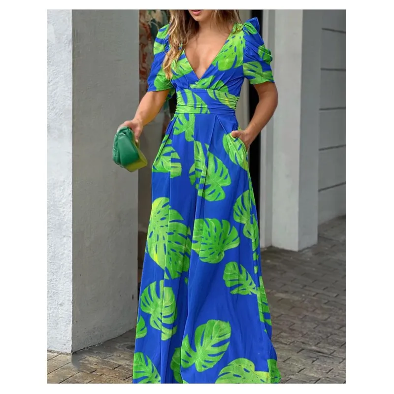 

Office Lady Women's Plus Size Summer Fashion Print V-Neck Wide Leg Jumpsuit Pants Casual Temperament Elegant Long Pants Rompers