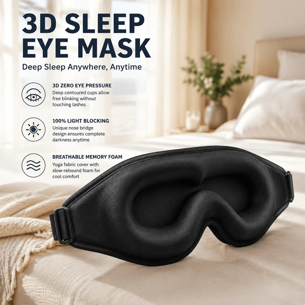 3D Sleep Mask Blackout Memory Foam Eye Mask Light Blocking Adjustable Strap For Travel Nap Shift Work Contoured Breathable Soft