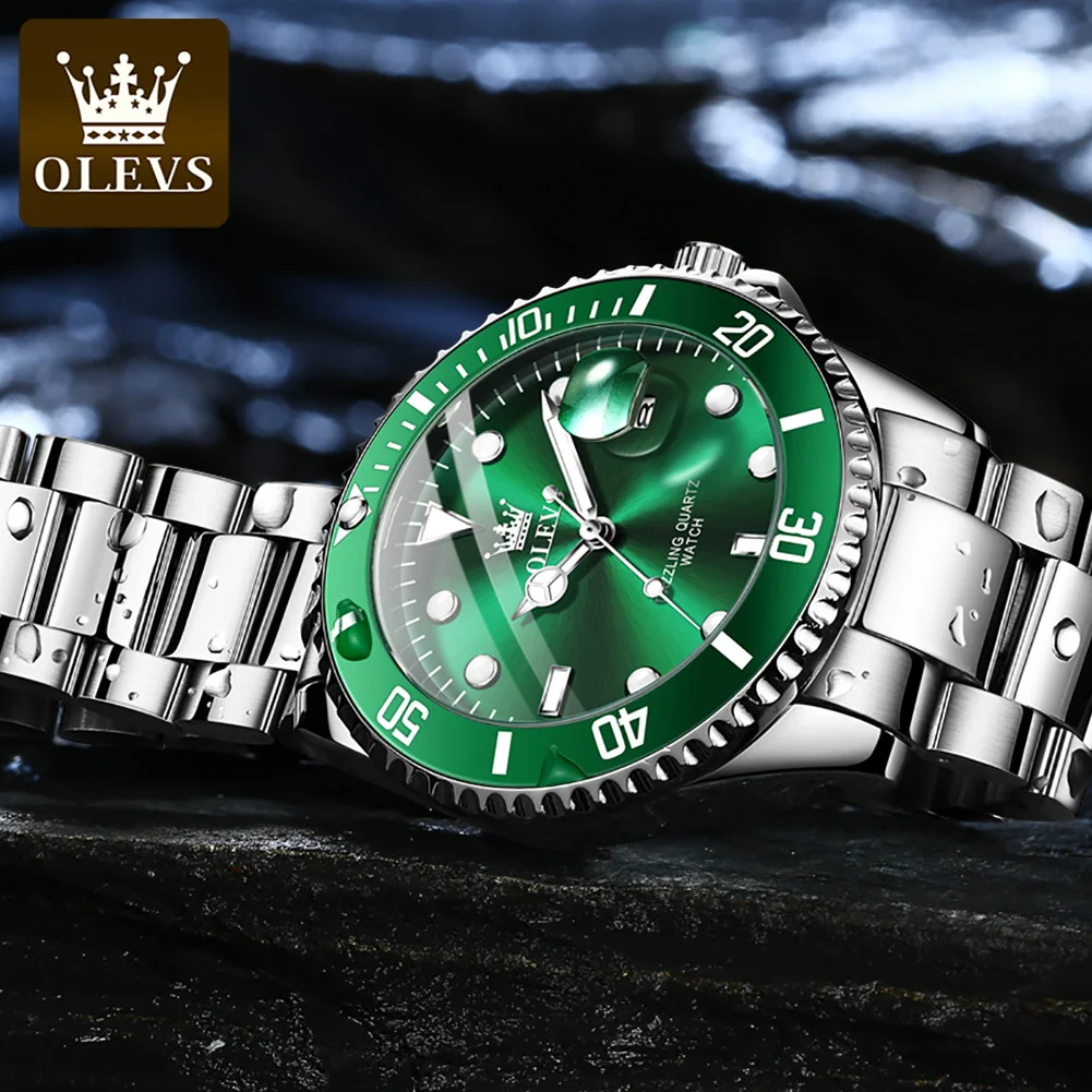 Imagem -05 - Olevs Relógio de Quartzo de Masculino Original Green Diver Ver Calendário Nightlight Top Luxo Aço Inoxidável