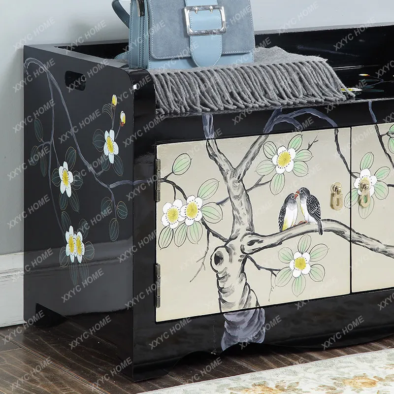 New Chinese-style shoe changing stool, children's shoe cabinet, solid wood household door entry storage, sitting paint painted