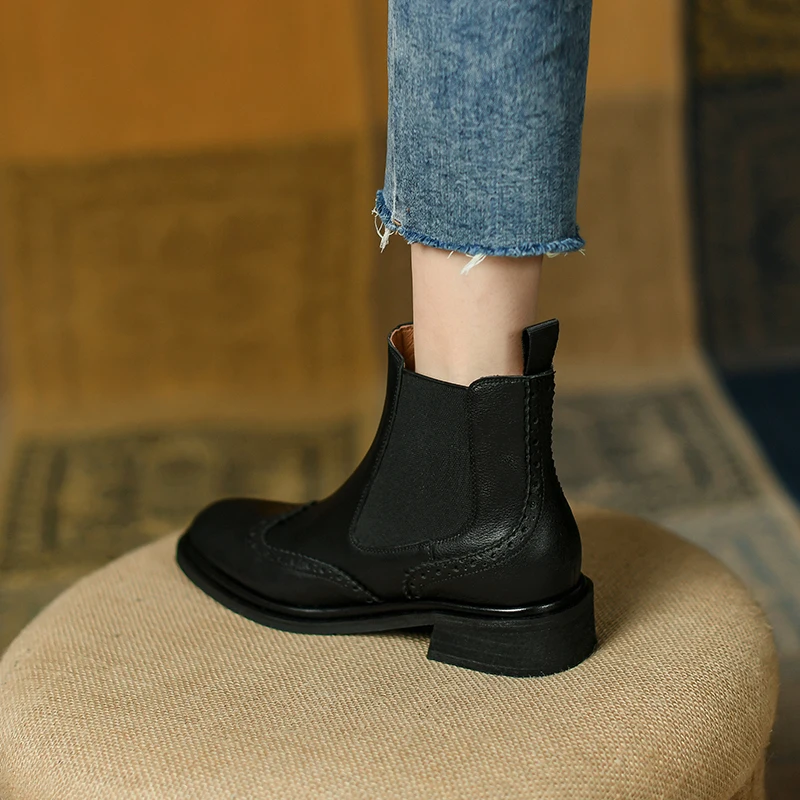 Women's Genuine Leather Chelsea Ankle Boots - Black Low Block Heel