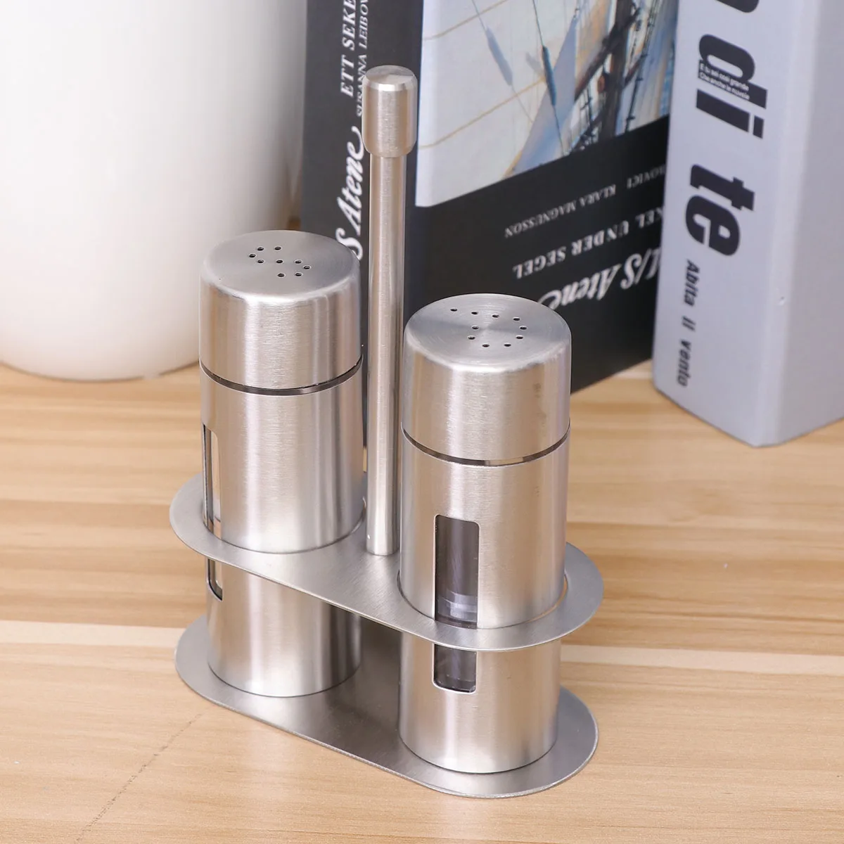 

3pcs Stainless Steel Seasoning Set Salt Pepper Shakers With Clear Window Acrylic Holder Kitchen Condiment Organizer For Bbq